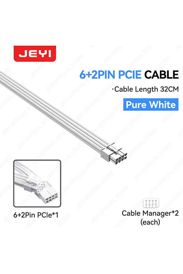 كابل JEYI 6 2PIN PCIE-W، كابل تمديد JEYI لوحدة تزويد الطاقة، طقم كابلات لون سادة ، 24 دبوس ATX، 8 دبابيس EPS، 6+2 دبوس 4+