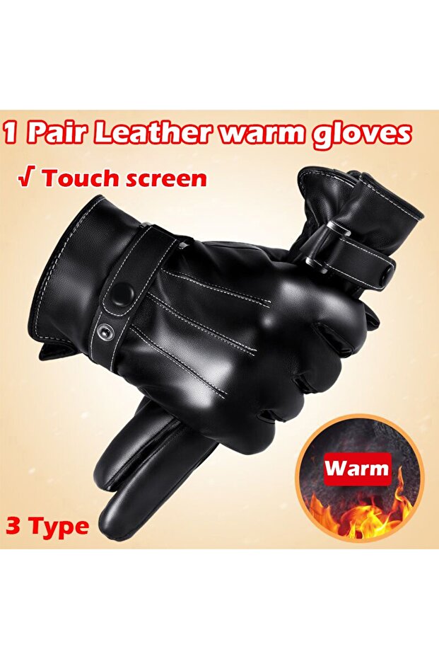 A black 1 Pair High Quality Full Finger Black Riding Gloves Men PU Leather Glove Winter Warm Touch