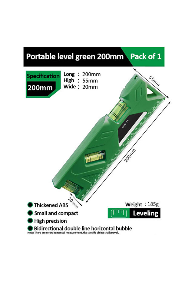 200mm Green Mini Level Gauge High-precision Horizontal Vertical Measure Metric Ruler Protractor Home
