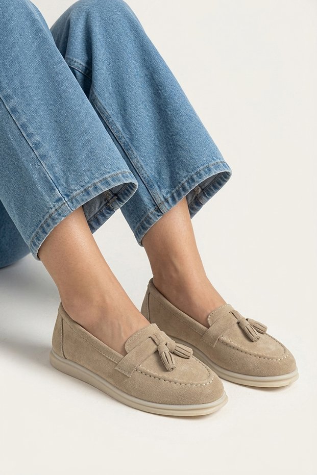 , Women's Genuine Leather Loafer Shoes 161359Z402 Beige