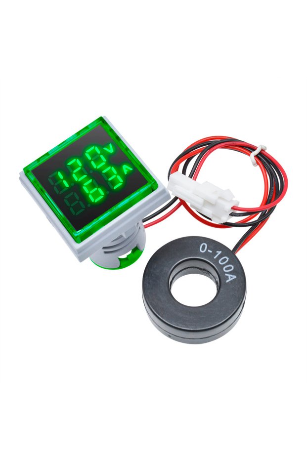 green Mini Dual Display Voltmeter & Ammeter LED Digital Voltage Gauge AC 50-380V 0-100A Current Mete