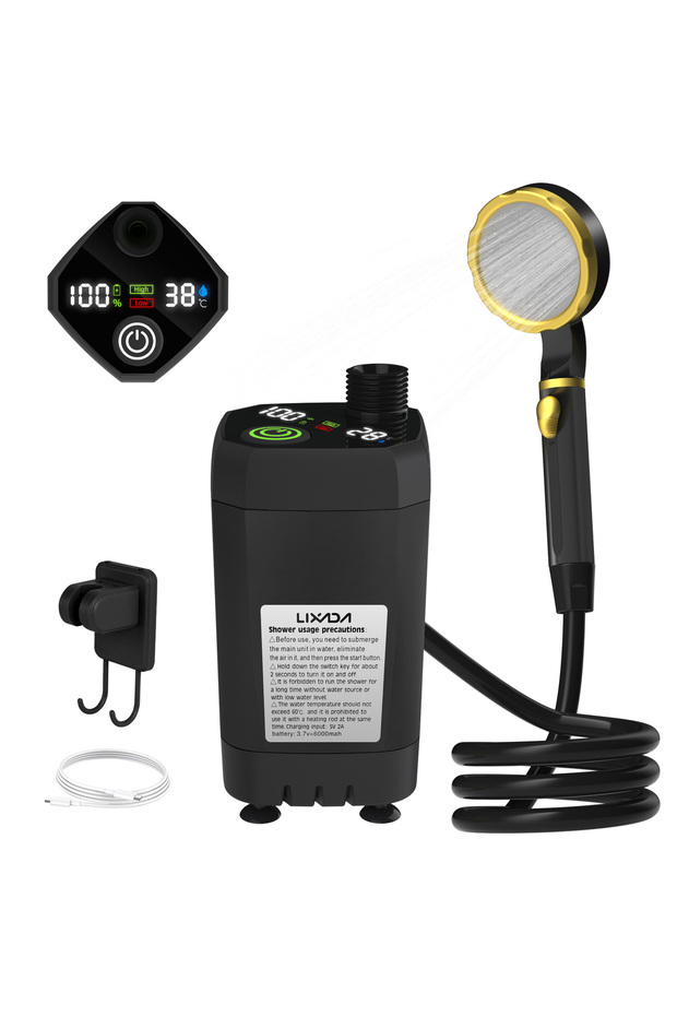 Black Camping Shower Pump RV Outdoor Shower Kit Camp Shower w/Full Screen Intelligent Digital Displa
