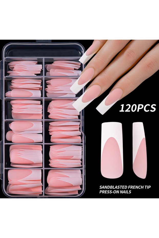 matte 120Pcs Glossy Pink French Press On Nails 12-Sizes Long Square Fake Nails White Edge Design Ful