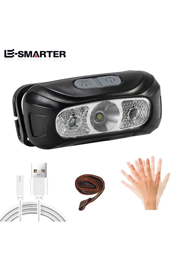 مصباح رأس صغير محمول مزود بمستشعر LED أسود (500 مللي أمبير) 0515، مصباح يدوي قوي قابل لإعادة الشحن عبر منفذ USB