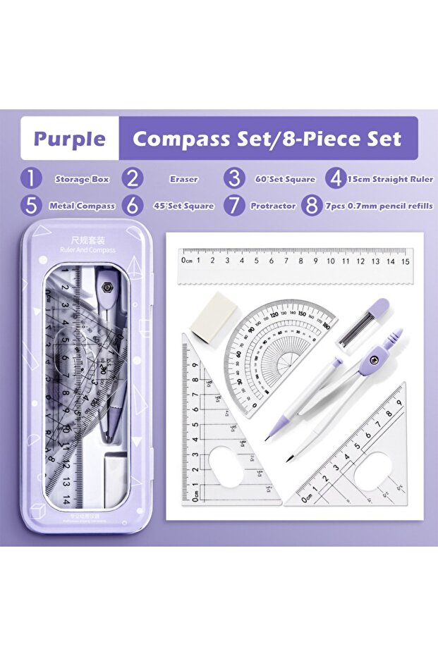 Purple 8PCS A 8PCS/Set Plastic Ruler Compasses Set Eraser Transparent Measuring Ruler Set Square Str