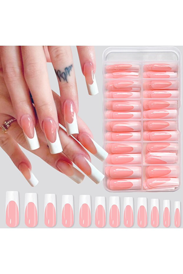 glossy 120Pcs Glossy Pink French Press On Nails 12-Sizes Long Square Fake Nails White Edge Design Fu