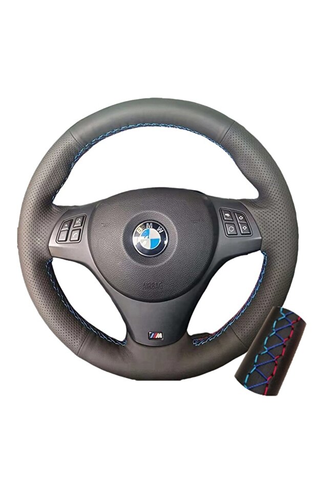 Three Thread Full Black Leather Car Steering Wheel Braid Soft Leather Cover For BMW E81 E90 Pack M S