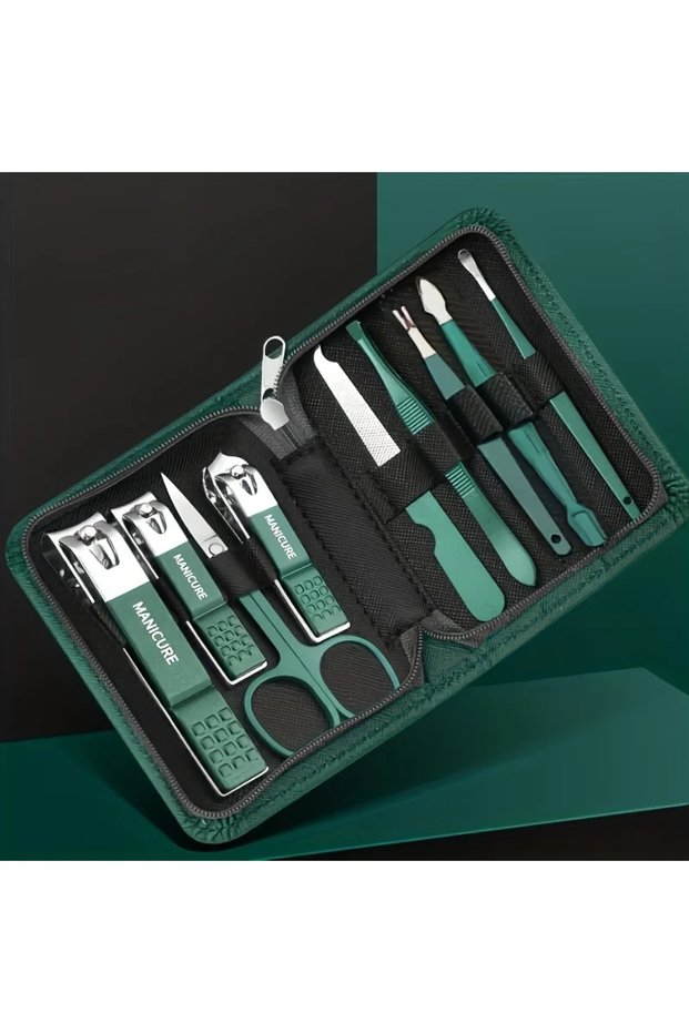 Green 9 PCS SET 6/9Pcs Set Stainless Steel Manicure Set Portable Beauty Kit with Nail Clippers Sciss