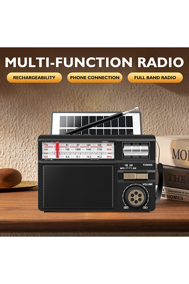 black Retro All-Band Radio with Wireless Audio Connectivity, Solar & Multi-Mode Charging, Long-Lasti