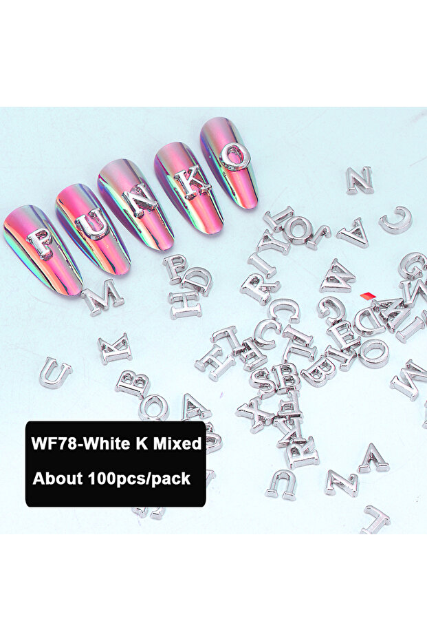 WF78-White k-100pcs 3D Mixed Letter Nail Art Charms About 100pcs Luxury Alloy Alphabet Nail Tips Des