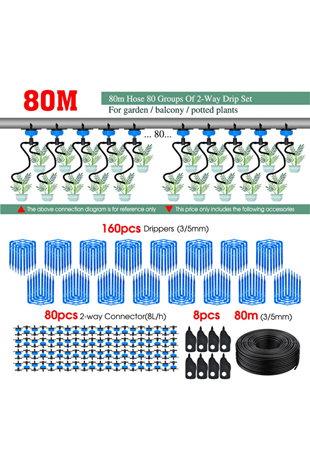 نظام ري بالتنقيط Jx80m kit 100-10M 4/2-Way 8L مع جهاز إرسال وريشة تنقيط ورشاش