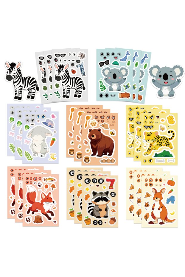 24PCS 8/16/24PCS Cartoon Stickers Cute Cartoon Animals Make a Face Stickers DIY Stationery Stickers