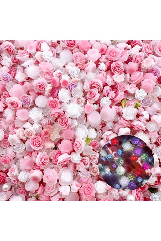 Pink white 50pcs Random Mixed Resin Nail Charms Leaf Pearl Camellia Rose Flower Nail Art Decorations
