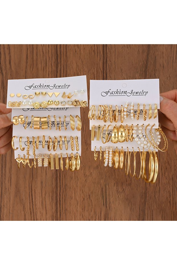 AYA96Pcs Fashion Geometric Gold Color Earring Set for Women Vintage Multi-Element Pearl Twist C-shap