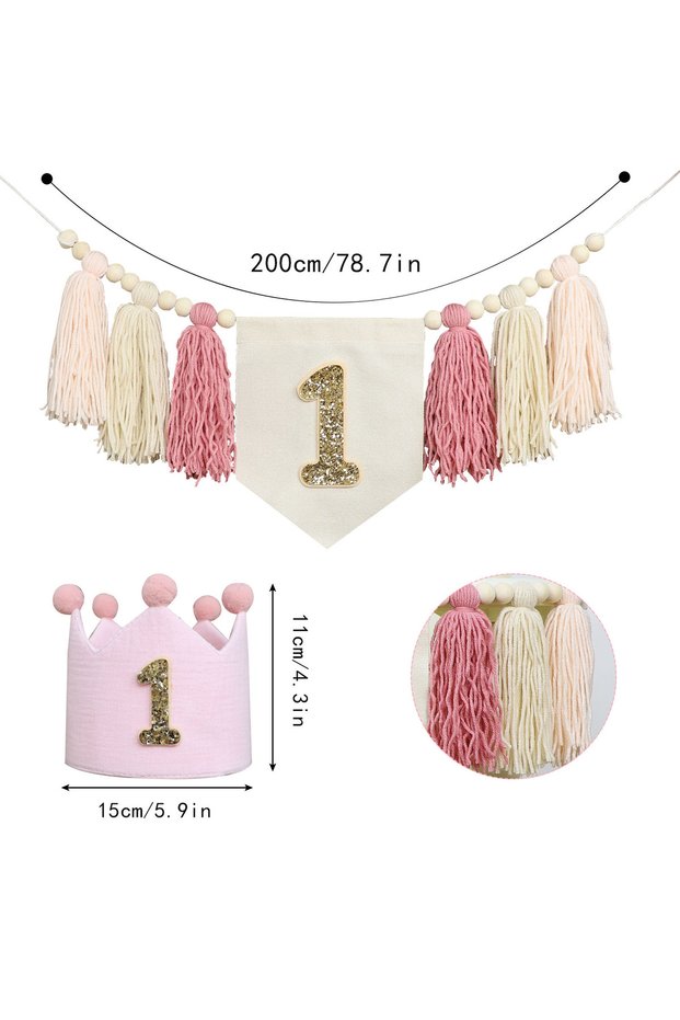 Pink 2pc 1st Birthday High Chair Banner, 1st Birthday Crown Hat, Handmade Wooden Beaded Fringe Garla