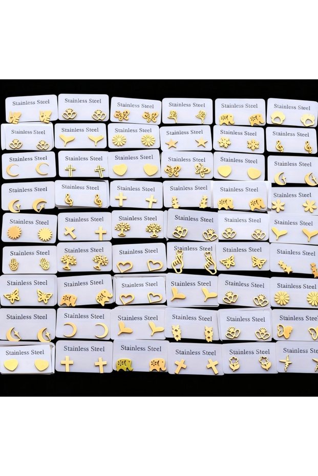 24Pairs Gold Color 6/12/24Pairs Fashion Stainless Steel Stud Earrings For Women Mix Style Simple Flo