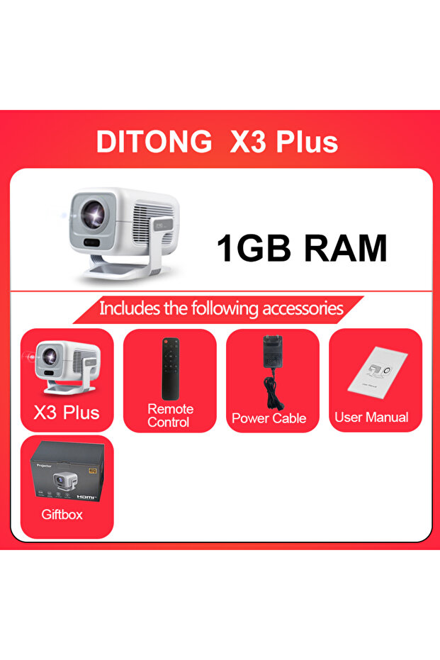 جهاز عرض X3 PLUS بذاكرة وصول عشوائي 1 جيجابايت من DITONG، دقة عرض أصلية 1080 بكسل، يدعم 4K وWIFI6 وBT5.4، نظام أندرويد، قابس أوروبي