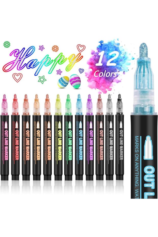 12Pcs 12-48 Colors Double Line Outline Metallic Highlighter Pens – Magic Glitter Drawing Markers, Wa