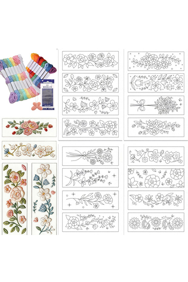 4ST-16 Color Thread Floral Pre-Printed Embroidery Patterns, Dissolvable Water-Soluble Stabilizer Non