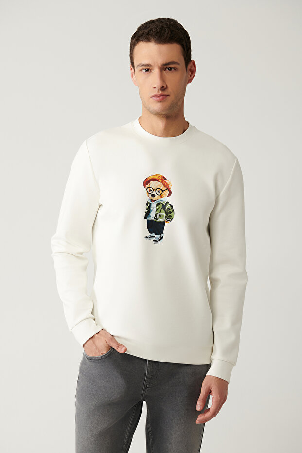 Men's Ecru Crew Neck Interlock Printed Regular Fit Sweatshirt A41Y1248