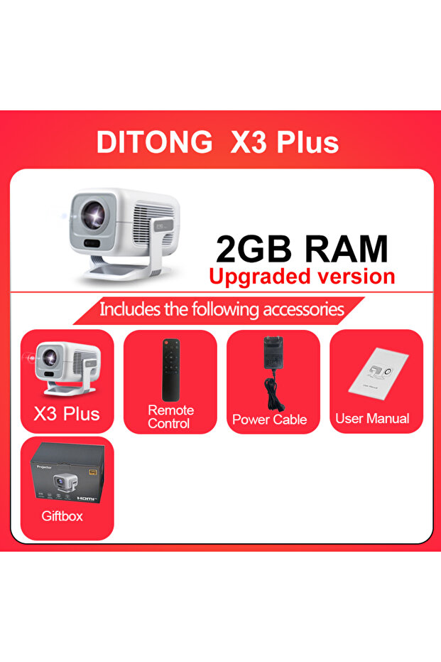 جهاز عرض X3 PLUS بذاكرة وصول عشوائي 2 جيجابايت من DITONG، دقة أصلية 1080 بكسل، يدعم 4K وWIFI6 وBT5.4، نظام أندرويد، قابس أمريكي