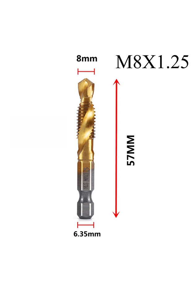 M8X1.25 Hex Shank Titanium Plated HSS Screw Thread Metric Tap Drill Bits Screw Machine Compound Tap