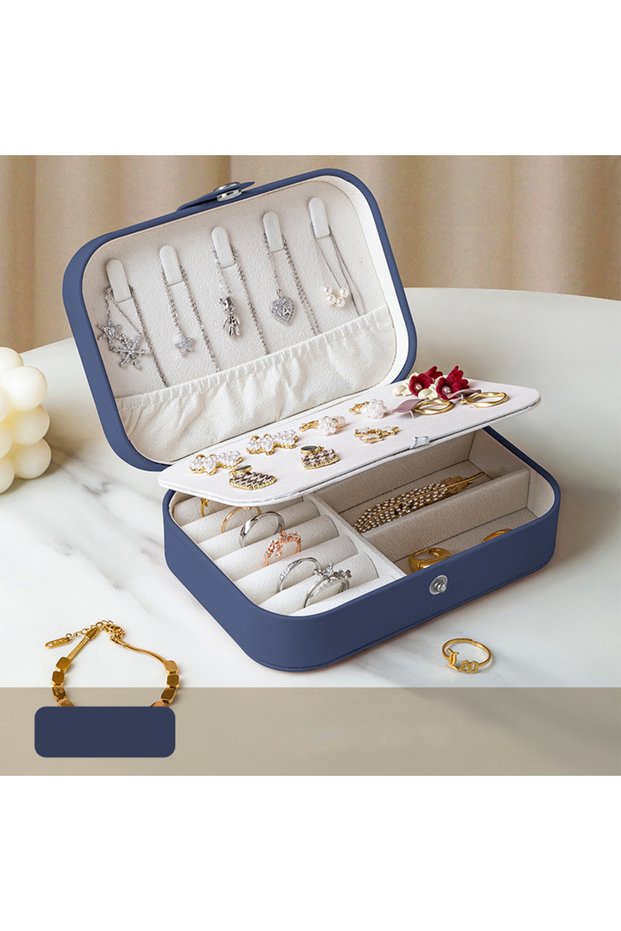 Navy Portable Jewelry Storage Box Travel Organizer Jewelry Case Leather Storage Earrings Necklace Ri