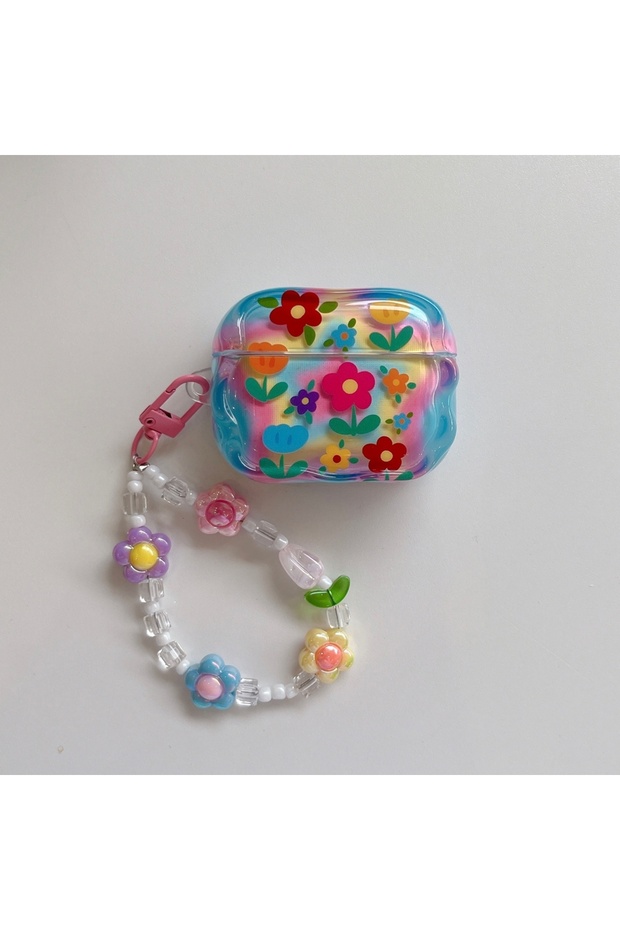 For AirPods Pro 2 CORAL Fashion Dopamine Colorful Flower Print With Beaded Charm Pendant Protect Ear