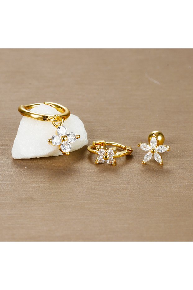 E1398-Gold-3PCS 3PCS Stainless Steel Zircon Flower Pendant Hoop Earrings Set for Women Simple Huggie