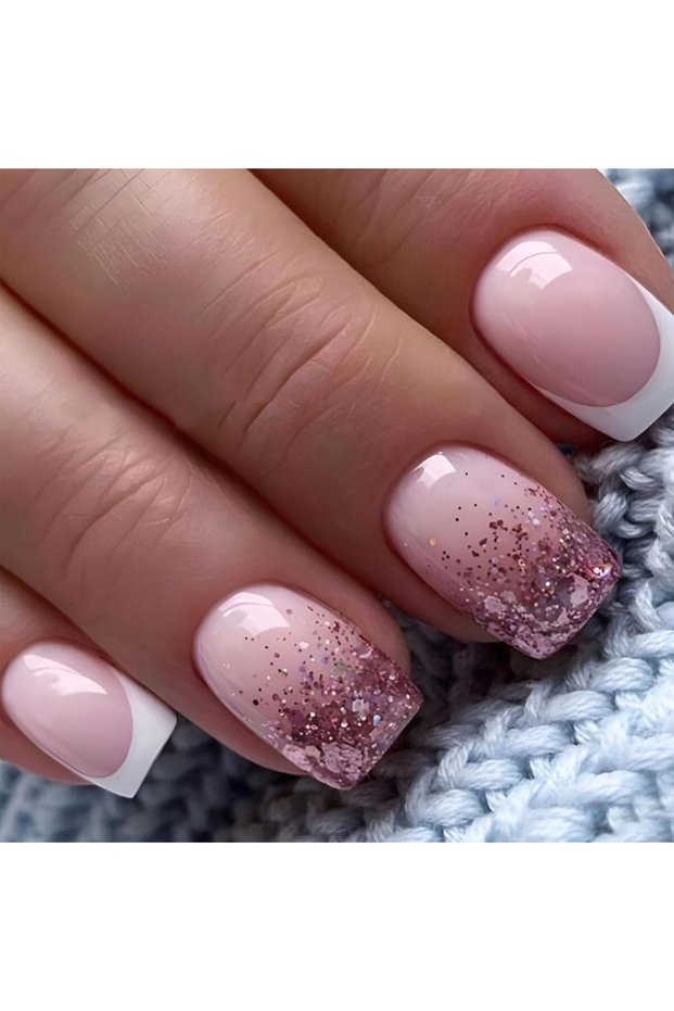 green 24pcs/set short square fake nails for women cute bride heart white french tips faux ongles y2k