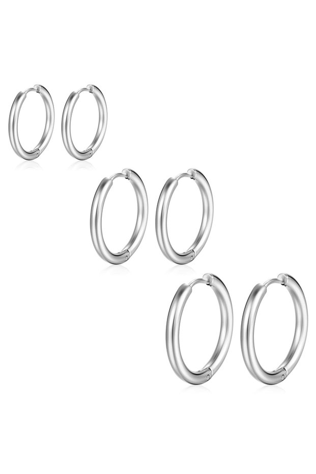 (8-10-12mm)Steel 5 Pairs Huggie Hoop Earrings Set for Women Men Stainless Steel Lightweight Silver/G
