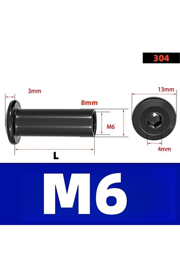 x12mm DBLM-M6-10Pcs SS Barrel Nuts Connector Coupling Nut Hex Socket Flat Head Bolts A2-304 Black