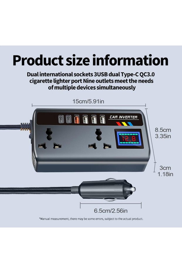 Black Portable Car Inverter 12V/24V to 220V Outlet Adapter with 3 USB Ports Fast Charging Automotive