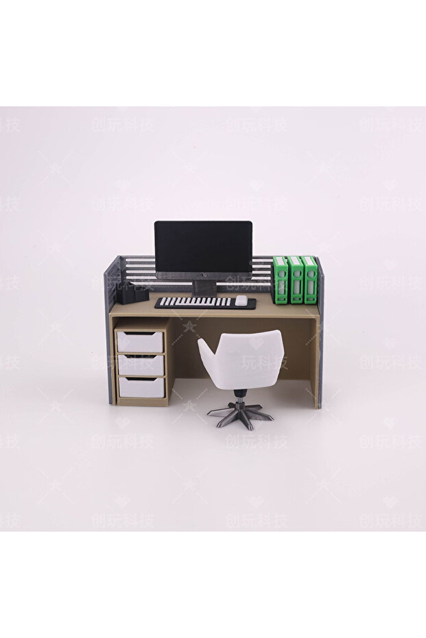 Desk with chair 1/12 Scale Miniature Office Scene Model Set - Filing Cabinet Computer Desk And Chair