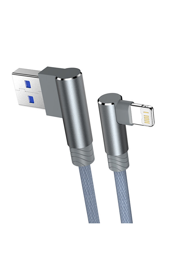 كابل USB بزاوية 90 درجة باللون الرمادي بطول 2 متر لهواتف آيفون 14 و13 و12 و11 برو ماكس وX وXR و6s و7 و8 بلس، كابل هاتف محمول بطول 2 متر و3 متر
