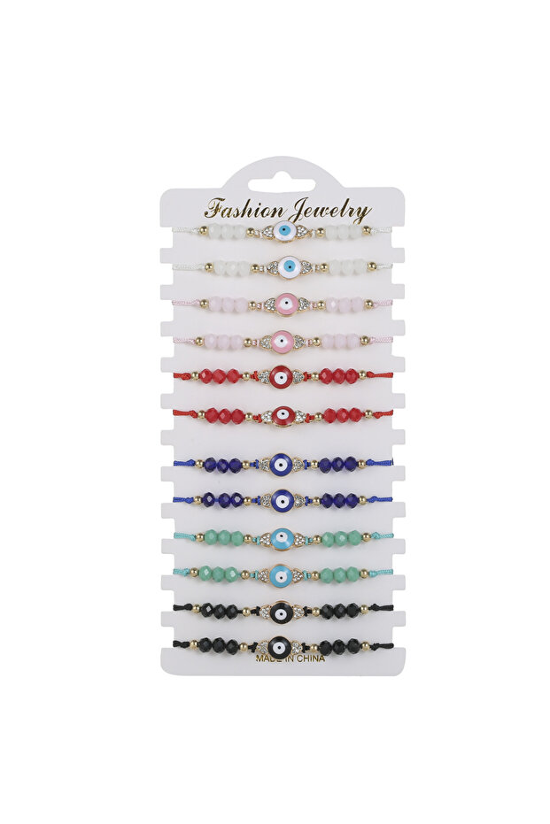 12pcs 12pcs/set Colorful Crystal Alloy Eyes Charms Bracelet Set Resin Beads Rope Adjustable Bracelet