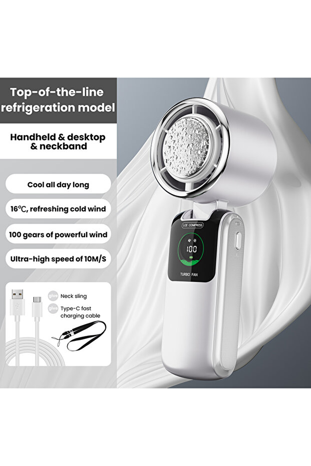 White 2025 New Ice Pack High-Speed Handheld Eletric Fan 100 Speed Adjustable Folding Mini Fan Portab