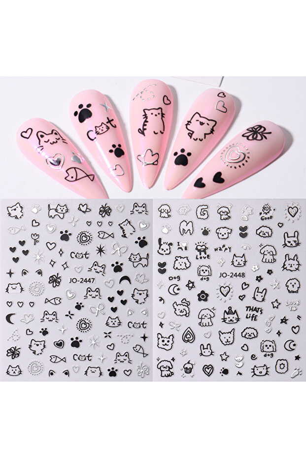 JO2447and48Silver 2Pcs Cartoon Cute Cat Nail Childlike Stickers Holographic Love Heart Bronzing Star
