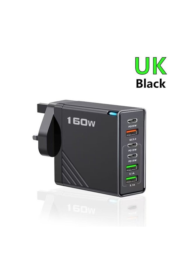 UK BLACK 160W 6 Ports Fast Charger USB Type C Quick Mobile Phone Charger EU US UK Plug Charger Adapt