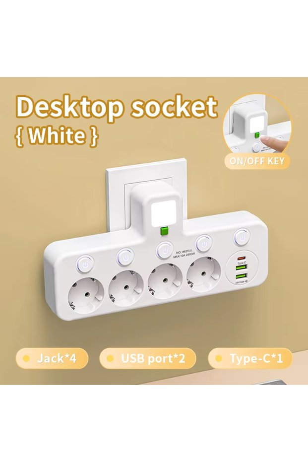 WHITE EU Plug Socket Adapter Wireless Wall Charger Power Strip with 4 AC Outlets +2 USB Ports+ 1 Typ