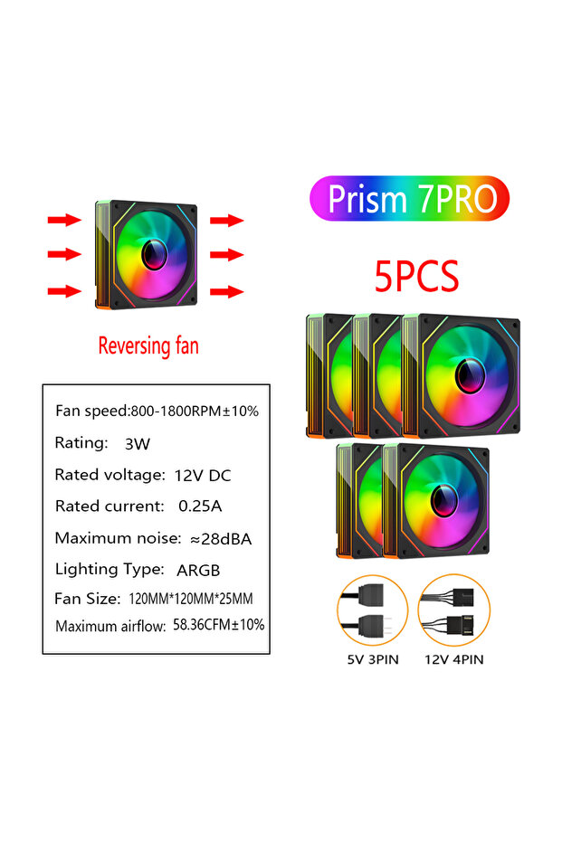 مروحة يحافظ على البرودة صامتة من نوع ARGB باللونين الأبيض والأسود، 5 قطع، من طراز PRISM 7 PRO، مقاس 120 مم، مزودة بإضاءة خلفية ARGB رباعية الأطراف بتقنية PWM.