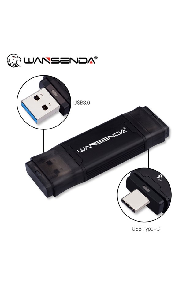 64 GB Black WANSENDA USB Flash Drive 2 IN 1 TYPE C & USB 3.0 Pen Drive 512GB 256GB 128GB 64GB 32GB H
