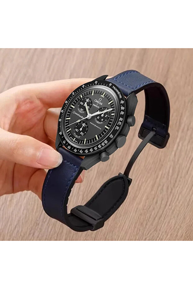حزام جلدي وسيليكون أزرق منتصف الليل مقاس 20 مم لساعة X Swatch MoonSwatch مقاس 20 مم و22 مم مع حزام مغناطيسي