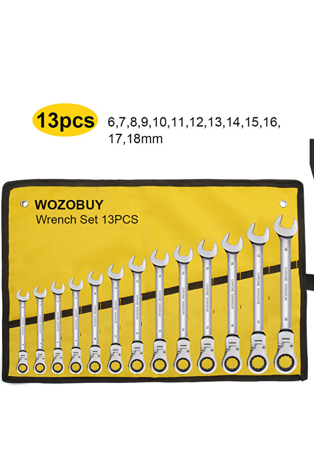 13PCS Flex Head Ratcheting Wrench Set,WOZOBUY Metric Ratchet Combination Wrenches Cr-V Gear Spanner