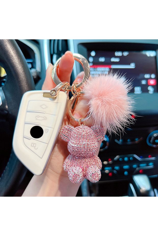 Pink New Fashion Full Diamond Sitting Bear Key Chain Creative Mink Hair Car Key Chain Cute Bag Penda