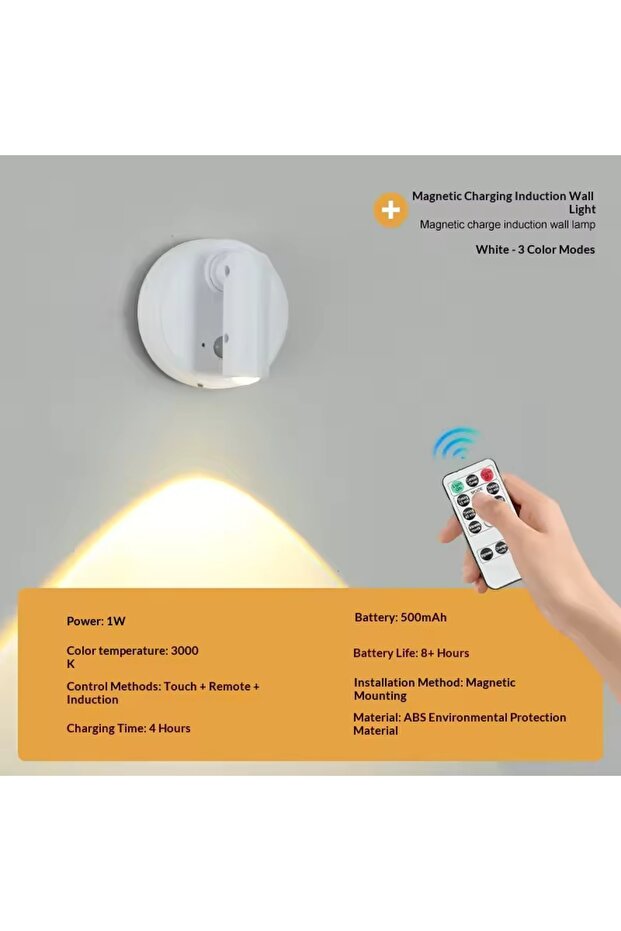 مصباح جداري قابل لإعادة الشحن، مزود بإضاءة LED بيضاء RGB، قابل لإعادة الشحن، لاسلكي، بدون ثقب، للقراءة.