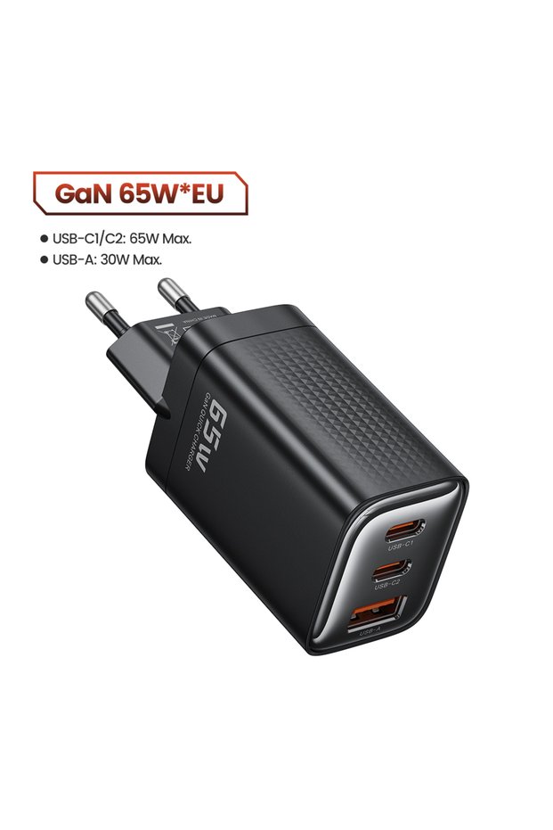 EU Black 65W GaN USB Charger Type C QC4.0 PD3.0 PPS Fast Charging for iPhone 16 15 14