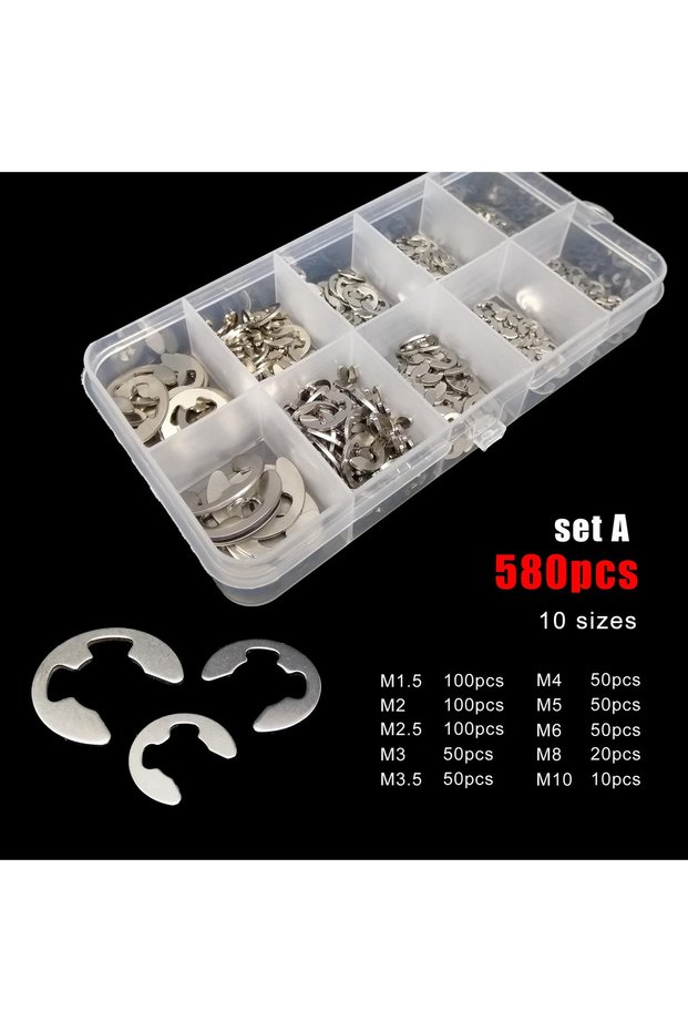 set A 580pcs 1 Box Mix M1.2 M1.5 M2 M2.5 M3 M4 M5 M6 M8 M10 M12 M15 E type Circlip Shaft Bearing Ext