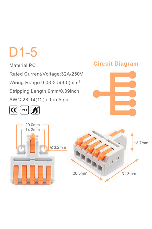 10PCS D1-5O 10PCS Universal Compact Wire Connector Splitter Quick Electrical Cable Splice Terminal B