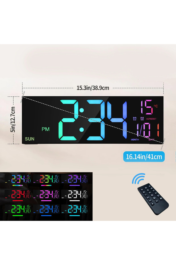 8 Color Letters 16.2'' Large Digital Wall Clock with Remote Control Big LED/Dual Alarm/8 RGB Colors